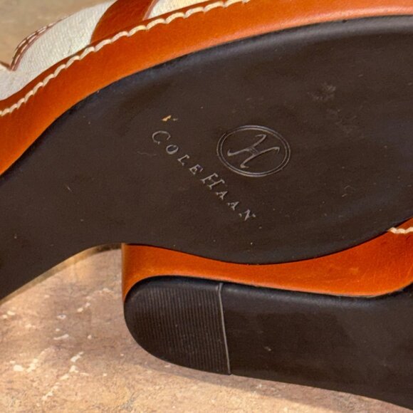 Worn 1X Cole Haan Kina Wedge Sandals Natural Linen Gold Accent Slides Size 8 B - Picture 14 of 16